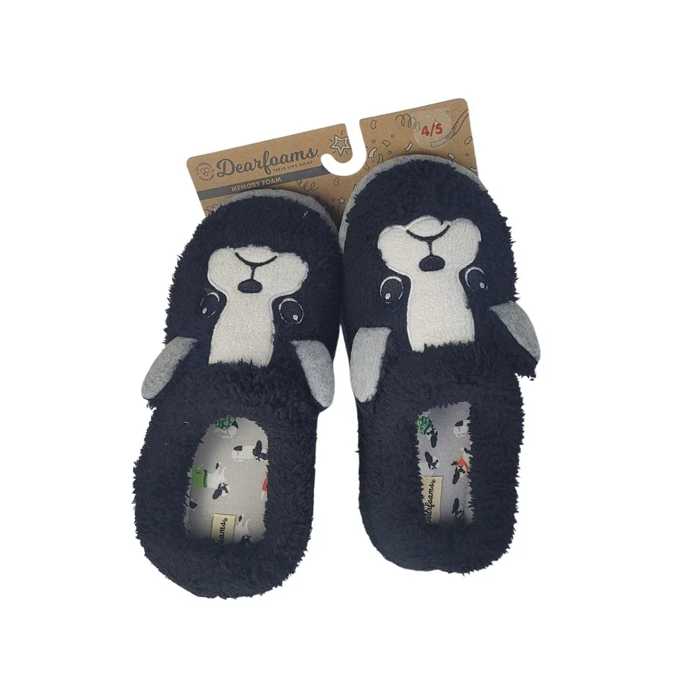 Dearfoams Kids Memory Foam Animal‎ Slippers Black White Size 4-5
